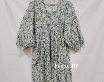 Block printed dress Bohemian cotton midi dress, casual dresses for women, summer dress mini dress with pocket gift for her
