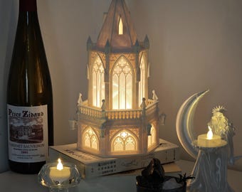 Lámpara de catedral gótica blanca Vespera, mini luz nocturna de iglesia, decoración de escritorio Light Academia, linterna de castillo para configuración de juegos góticos, regalo de fantasía
