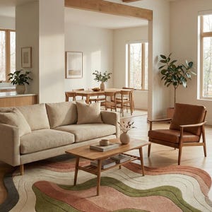 May include: A living room scene featuring a beige sofa, a wooden coffee table, and a brown leather armchair. A colorful, wavy rug in shades of green, pink, and beige adds a decorative touch. The room has large windows and wooden beams.