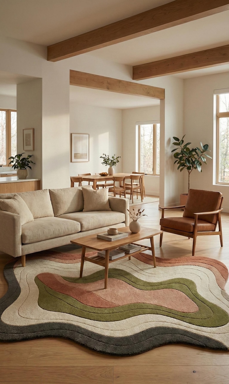 May include: A living room scene featuring a beige sofa, a wooden coffee table, and a brown leather armchair. A colorful, wavy rug in shades of green, pink, and beige adds a decorative touch. The room has large windows and wooden beams.