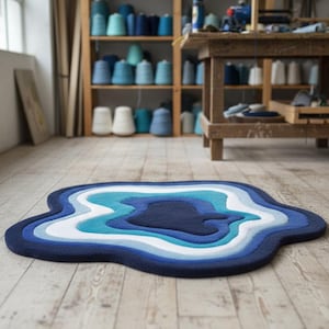 May include: A blue and white rug with a layered design resembling a body of water. The rug features shades of blue, from dark navy to light turquoise, and white. The rug is placed on a wooden floor.