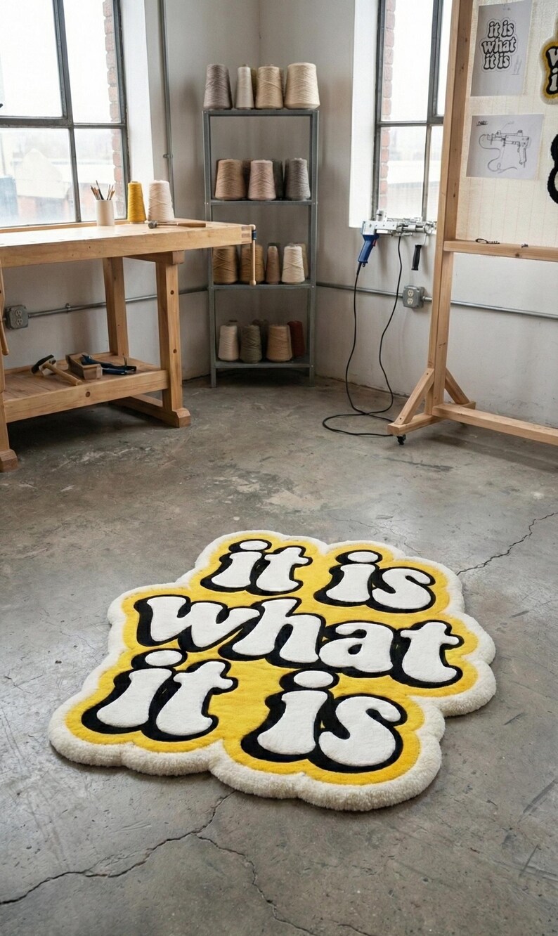 Hand-tufted doormat with bright yellow “It Is What It Is” lettering on a neutral background, rectangular design with textured fibers; stylish and durable for home entryways, hallways, or living spaces, perfect for adding personality to decor.