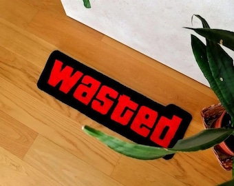 Gaming Rug “Wasted” Red and Black Video Game Inspired Tufted Custom Text Floor Mat for Gamers, Bedroom, Living Room and Home Decor