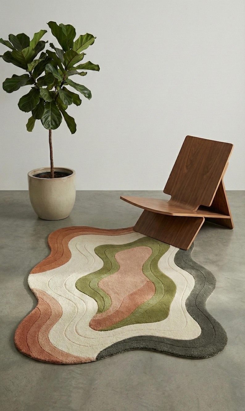 May include: A wavy, multi-colored rug with a modern design. The rug features layers of colors including shades of brown, green, pink, and white. A wooden chair and a potted plant are in the background. The rug's dimensions are approximately 60 inches by 40 inches.