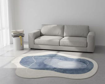 Modern Abstract Blue Rug  Handmade Irregular Shape Carpet  Minimalist Geometric Wave Design Custom Floor Mat for Living Room & Bedroom