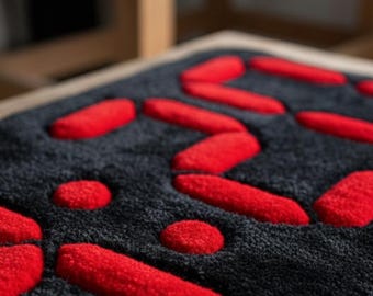 Puede incluir: Una alfombra rectangular gris oscuro con un patrón de formas rojas brillantes en relieve. Las formas incluyen rectángulos alargados y círculos, creando un diseño abstracto moderno. La alfombra está colocada sobre una superficie de madera.