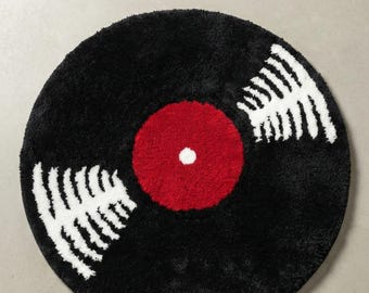Hand-Tufted Circular Vinyl Record Rug White Light Reflections Design, Soft and Durable Texture 5x5ft Carpet for Modern Living Rooms,Bedrooms