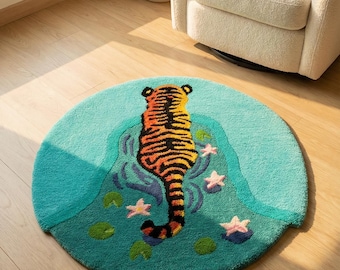 Hand-Tufted Circular Area Rug – Artistic Tiger Swimming in Lily Pond with Blooming Pink Lotuses Floor Mat for Bedrooms, Living Rooms Decor