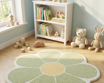 Charming Aesthetic Daisy Flower-Shaped Area Rug Soft, Fluffy, and Plush Green Carpet for Bedroom, Nursery, Living Room, or Cozy Home Decor