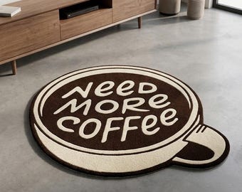Alfombra personalizada con el mensaje "Necesito más café" – Divertida alfombra con diseño de taza de café, alfombra personalizada perfecta para la decoración de la cocina, la oficina o la sala de estar.