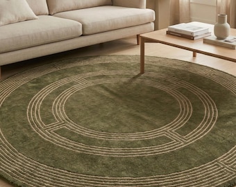 Alfombra redonda moderna de color verde musgo – Alfombra circular de lana tejida a mano con diseño de laberinto concéntrico para sala de estar, recibidor y dormitorio.