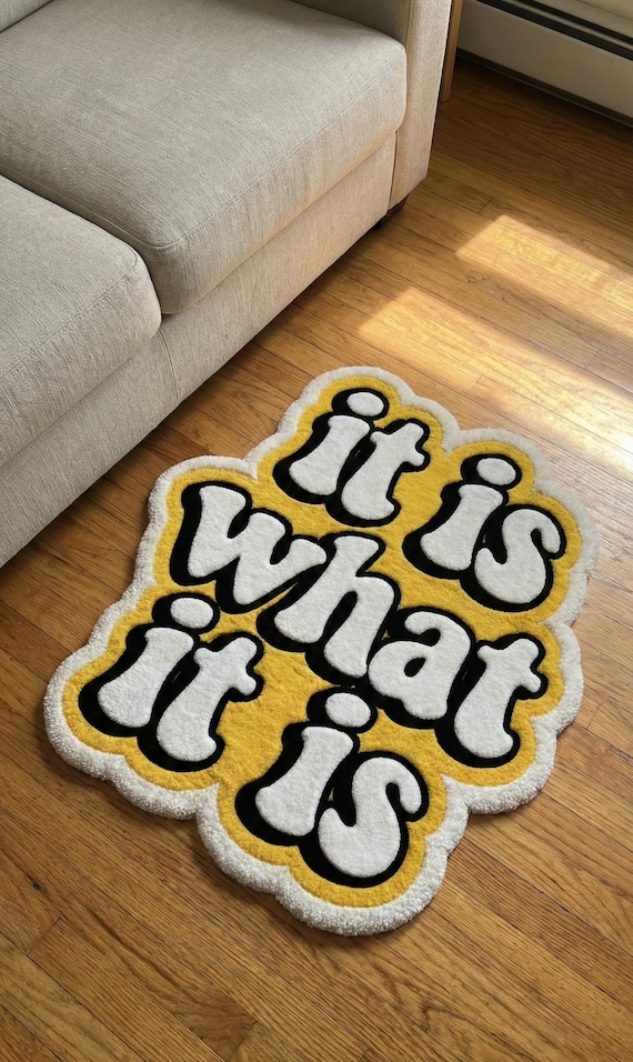 Custom Text Tufted Doormat – “It Is What It Is” Yellow Glow Lettering, Stylish and Durable Mat for Home Decor, Entryway, or Living Space