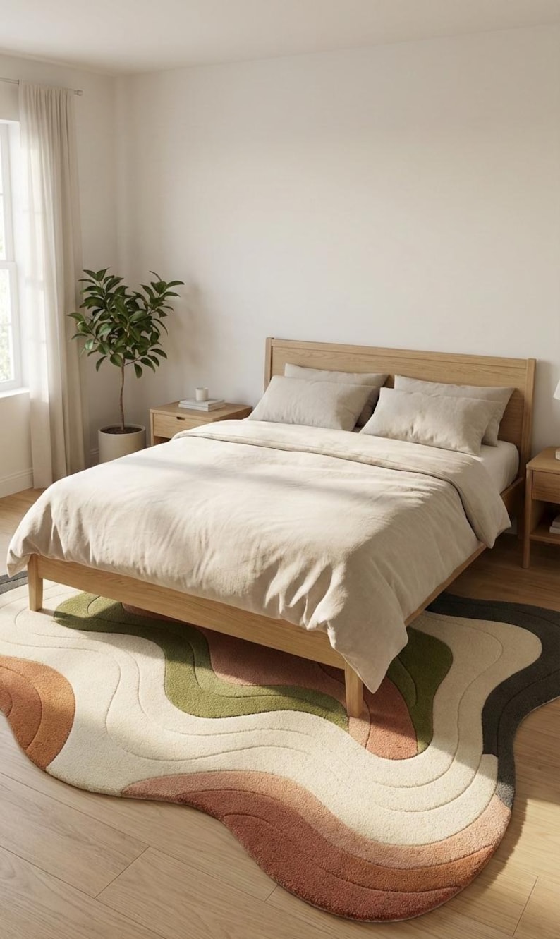 May include: A light wood bed frame with beige bedding and pillows. A colorful, wavy rug in shades of brown, green, and cream sits on the floor. A potted plant and nightstands are on either side of the bed.