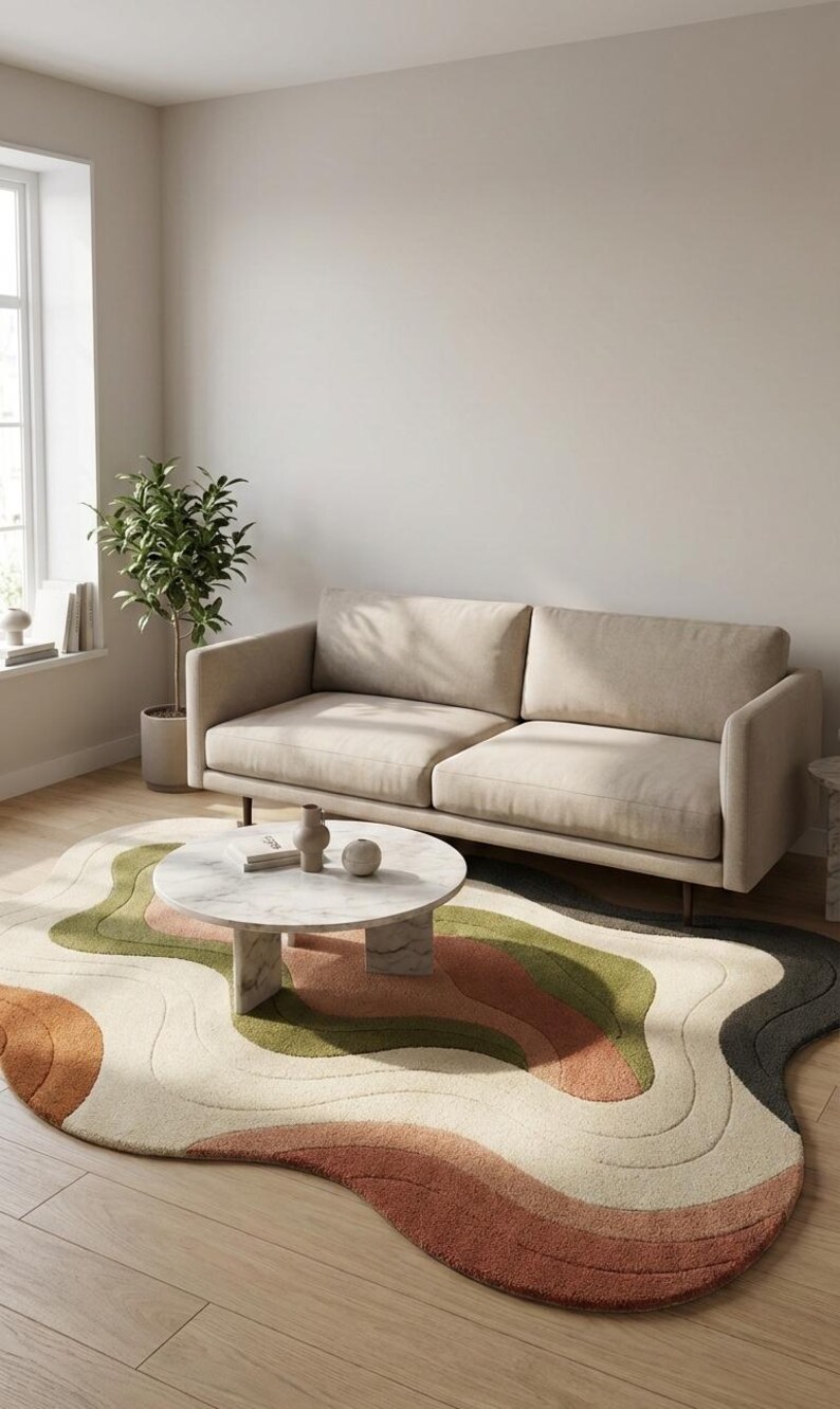 May include: A modern living room scene featuring a beige sofa, a round marble coffee table, and a unique rug with an abstract wave design in shades of green, orange, and cream. A potted plant and window are also visible.
