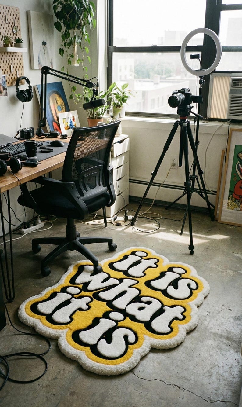Close-up of a custom tufted doormat with glowing yellow “It Is What It Is” text, showing detailed fibers and plush texture; perfect for adding a stylish and durable accent to entryways, hallways, or living areas.