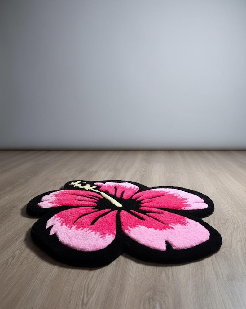 Temu Pink Rug With Flower Hand-tufted Hibiscus Flower Area Rug Vibrant Hot Pink and Soft Blush ...