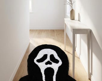 Ghost Face Horror Movie Mask Shaped Hand-Tufted Area Rug Black and White Carpet Perfect for Halloween or Themed Décor and Spooky Spaces