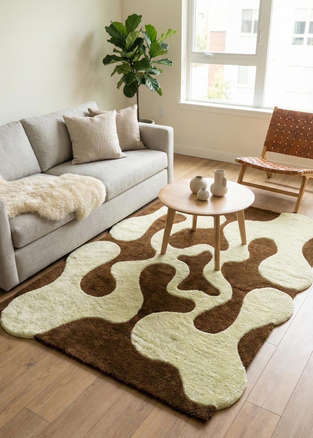 Abstract Brown and Cream Organic Shape Area Rug Plush Carpet With Fluid ...