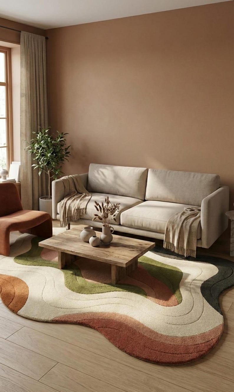 May include: A living room scene featuring a beige sofa with a fringed throw, a wooden coffee table, and a colorful rug with an abstract wave design. The room has a warm, inviting atmosphere with neutral tones and natural light.
