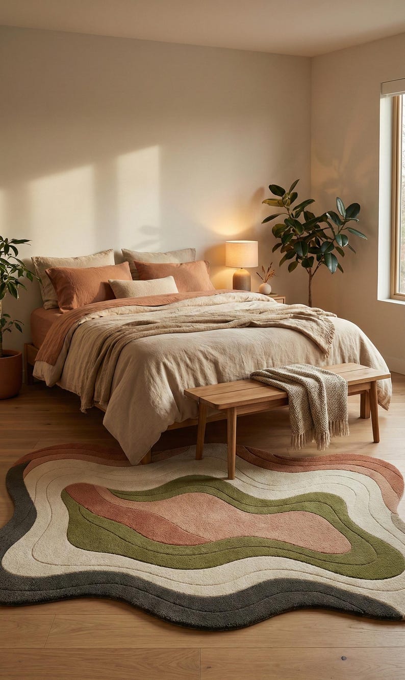 May include: A bedroom scene featuring a bed with terracotta-colored bedding and a neutral-toned throw. A wooden bench sits at the foot of the bed, and a multi-colored, wavy rug in shades of green, pink, and gray lies on the floor. A lamp and plants add to the cozy atmosphere.