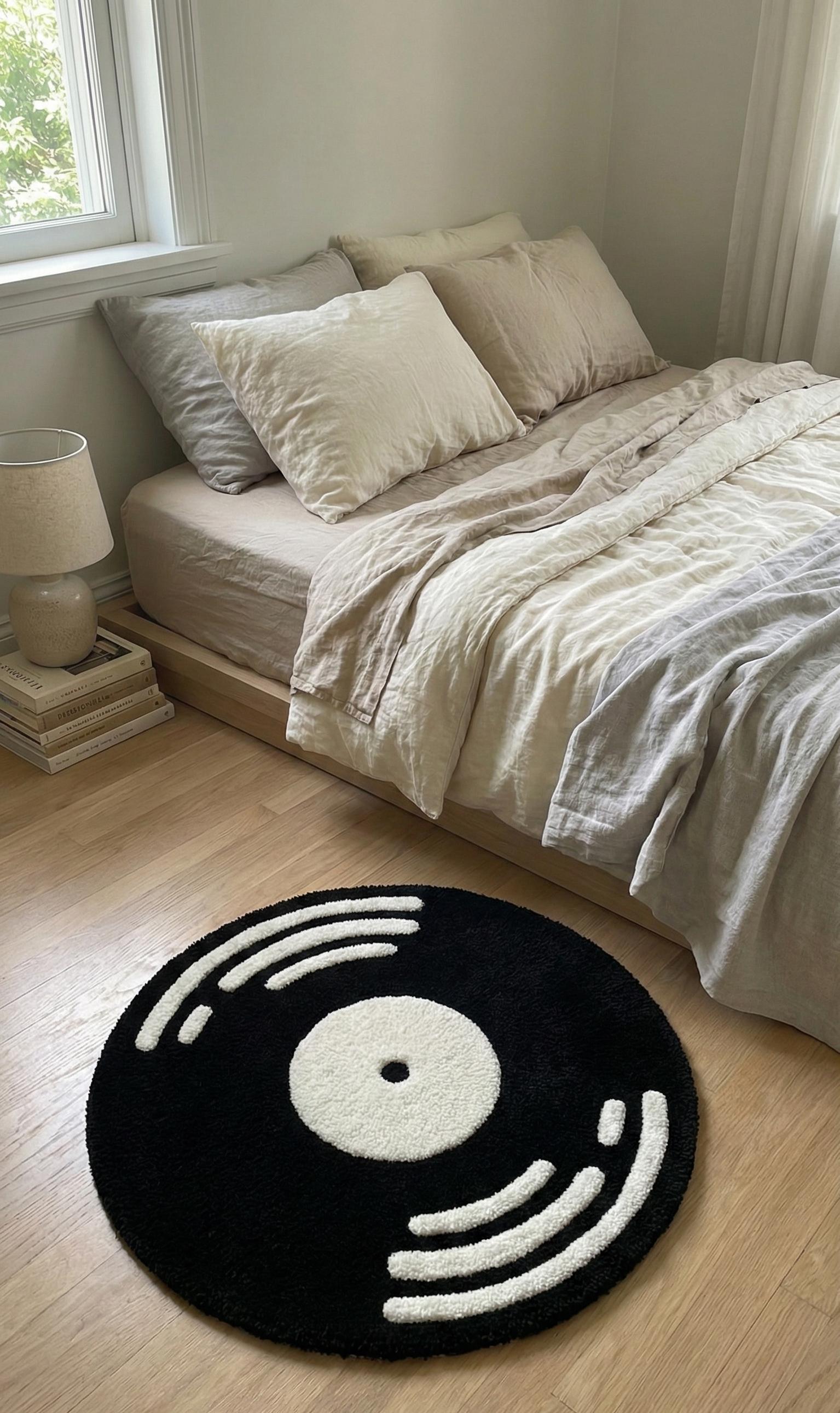 Hand-tufted Circular 5x5 Vinyl Record Rug Black and Off-white, Soft and ...