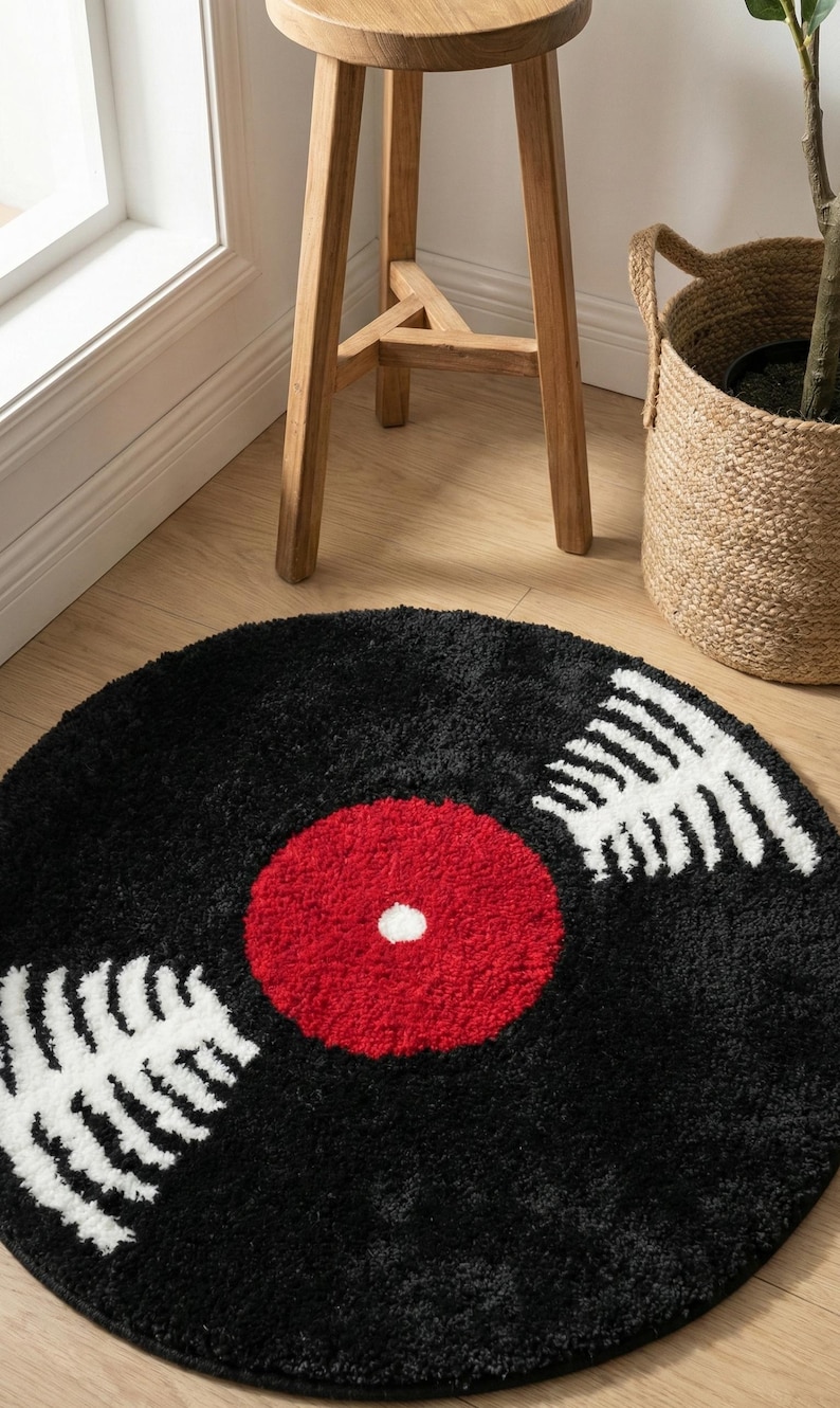 Hand-tufted Circular Vinyl Record Rug White Light Reflections Design ...