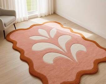 Pink Abstract Floral carpet  Irregular Shape Statement Area Rug, Artistic Flower Rug for Living Room and Bedroom home  Decor