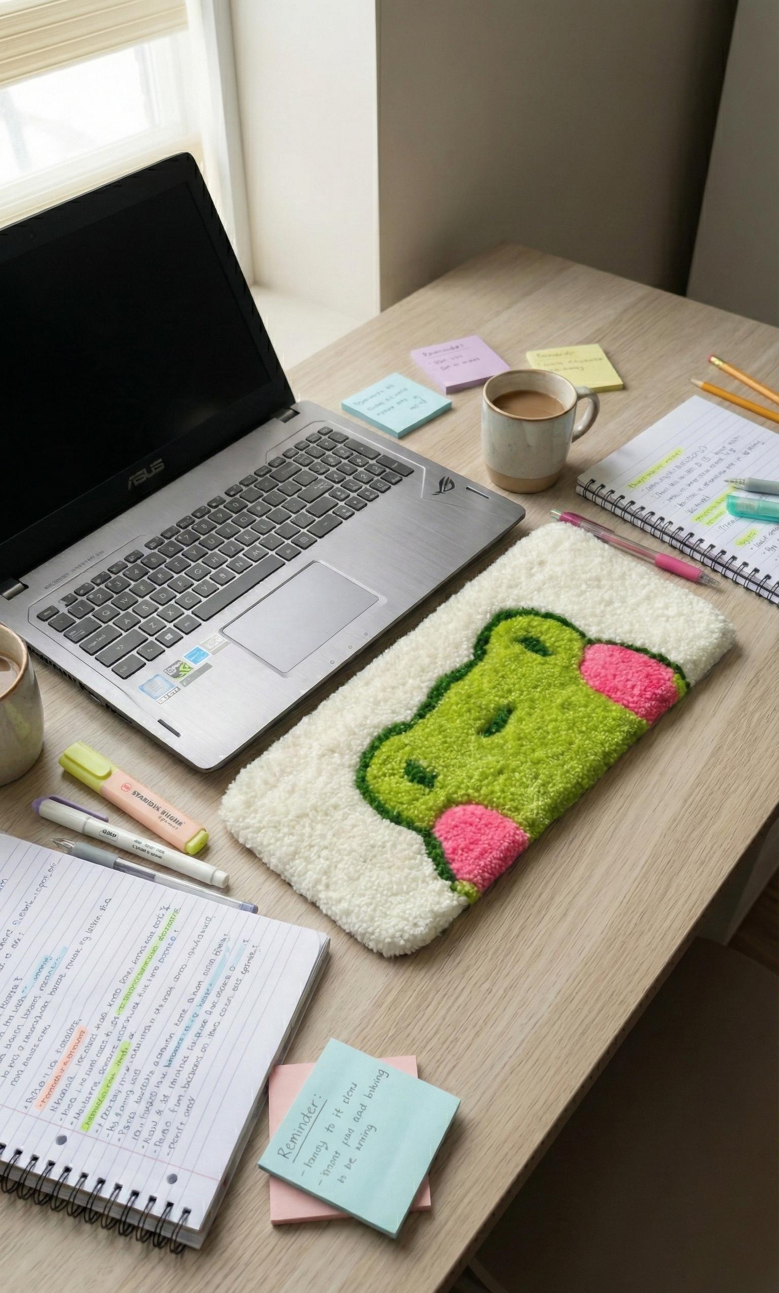 Tufted Notebook Kawaii Frog Desk Mat Hand Tufted Plush Laptop Pad With Pink Cheeks Face ...