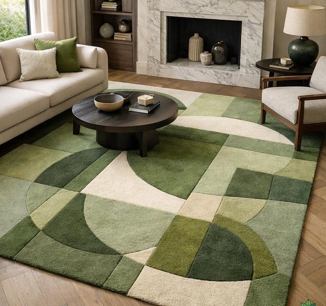 Modern Geometric Green Cream Rug - Hand Tufted Abstract Half Moon Area ...