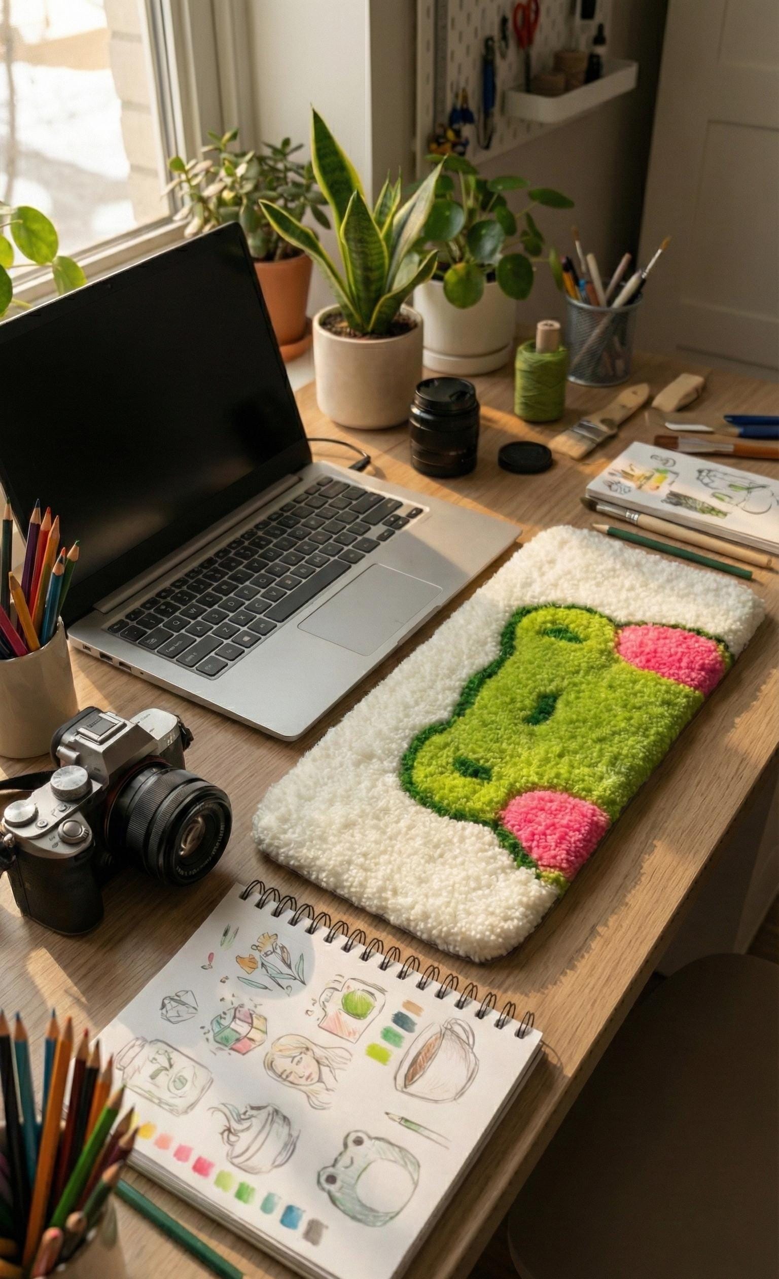 Tufted Notebook Kawaii Frog Desk Mat Hand Tufted Plush Laptop Pad With Pink Cheeks Face ...