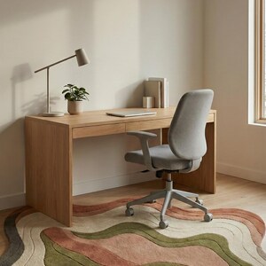 May include: A modern home office setup featuring a light wood desk with a gray office chair. A laptop, books, and a small potted plant sit on the desk. A colorful, wavy rug in shades of green, brown, and beige adds a decorative touch.