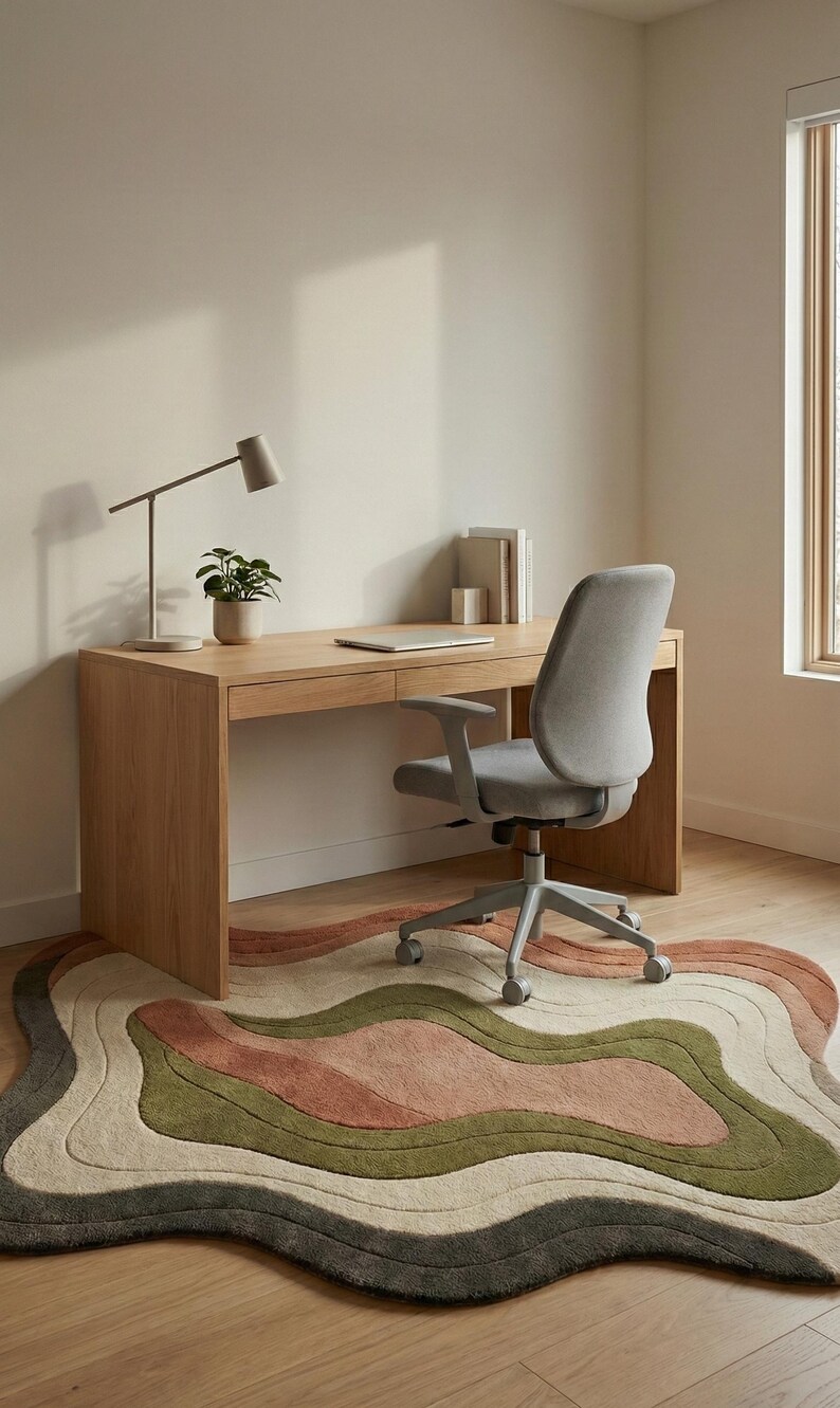 May include: A modern home office setup featuring a light wood desk with a gray office chair. A laptop, books, and a small potted plant sit on the desk. A colorful, wavy rug in shades of green, brown, and beige adds a decorative touch.