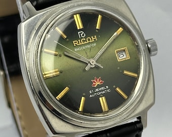 Reloj vintage automático Ricoh para hombre, 21 joyas, esfera verde