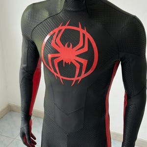 May include: A black full-body suit featuring a textured honeycomb pattern, a prominent red spider emblem on the chest, and red vertical stripes running along the sides of the torso and arms. The suit includes a matching mask with red eye lenses.
