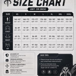 May include: A black and white Mandalorian costume size chart featuring a table with height, chest, waist, and hip measurements in both centimeters and inches for sizes XS through XXXL. Includes icons, size tips, and a note about manual measurement.