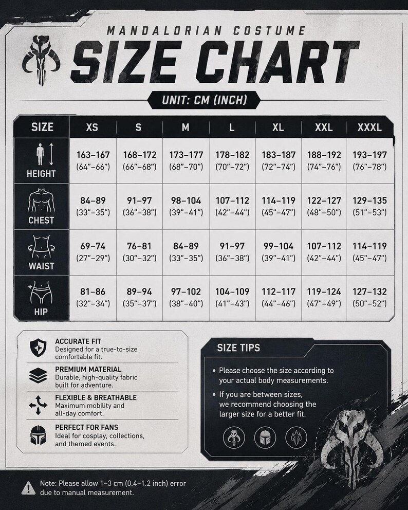 May include: A black and white Mandalorian costume size chart featuring a table with height, chest, waist, and hip measurements in both centimeters and inches for sizes XS through XXXL. Includes icons, size tips, and a note about manual measurement.