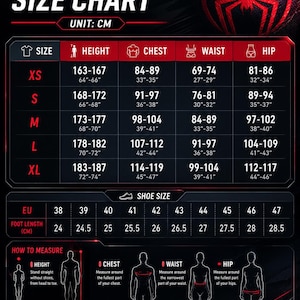 May include: A black and red size chart featuring a spider emblem at the top. It includes columns for height, chest, waist, and hip measurements in centimeters and inches for sizes XS to XL, a shoe size conversion table, and instructions on how to measure.
