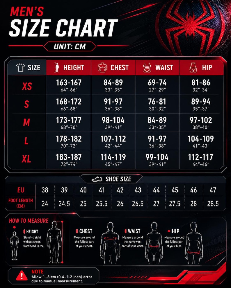 May include: A black and red size chart featuring a spider emblem at the top. It includes columns for height, chest, waist, and hip measurements in centimeters and inches for sizes XS to XL, a shoe size conversion table, and instructions on how to measure.