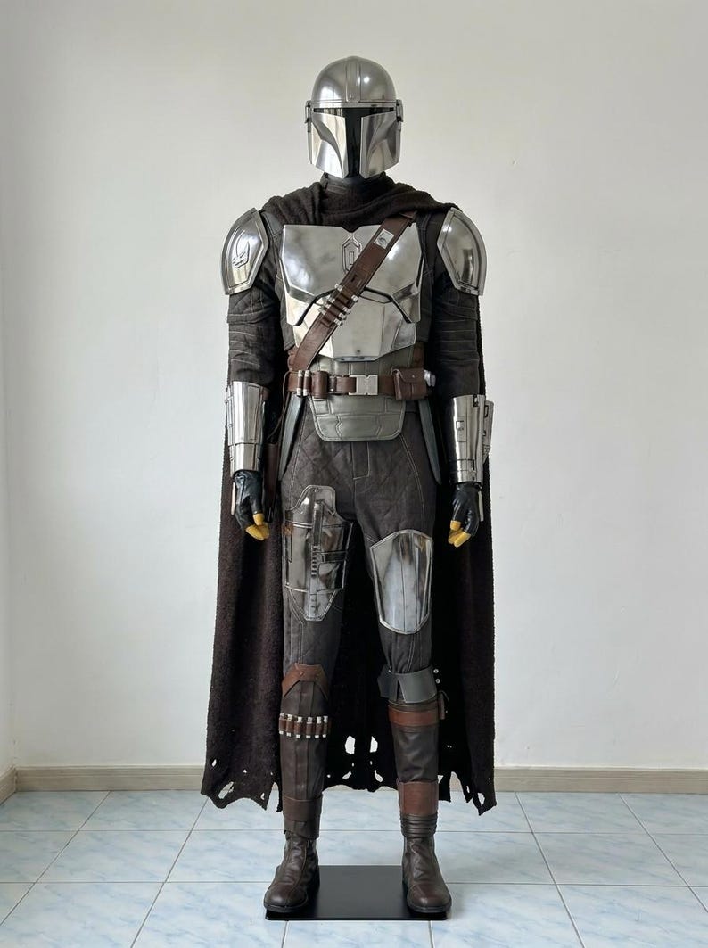 May include: A full-body Mandalorian costume featuring a metallic silver helmet, chest plate, shoulder pauldrons, and gauntlets. The outfit includes a dark brown textured cape, a utility belt with pouches, dark trousers, and brown leather boots.