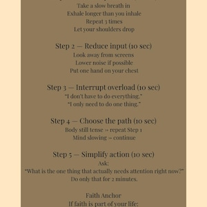 May include: A beige graphic with the title "Overwhelm Reset" and a "60-Second Guided Protocol." The text provides steps for managing stress, including breathing exercises and focusing on one task. The bottom text states the tool supports self-regulation.