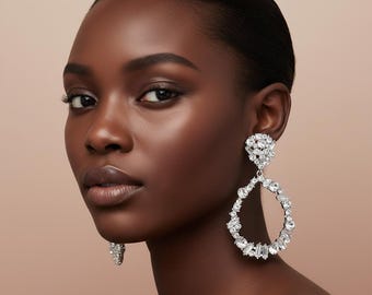 Bold Mixed Shaped Stone Cluster Embellished Open Teardrop Dangle Evening Clip On Earrings