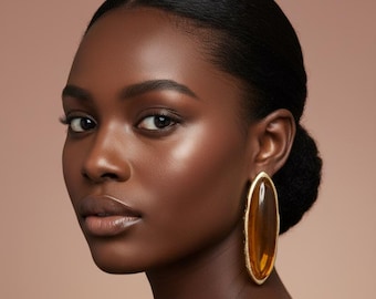 Brown  Resin Oval Statement Earrings | Gold Trim Dangle Lightweight Bold Jewelry