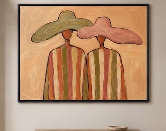 Boho Figures Oil Painting,Original Two Women Portrait Oil Painting,Wide Brim Hat Figurative Art,Modern Neutral Striped Fashion Wall Decor