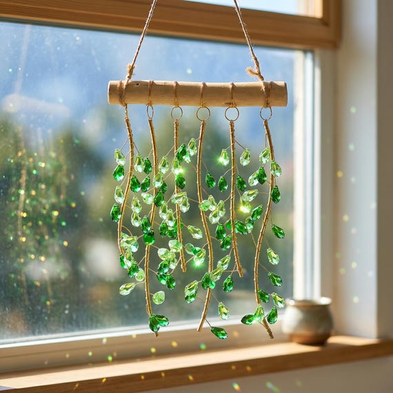 Green Leaf Crystal Suncatcher Wind Chime,Boho Garden Hanging Decor,Tree Branch Window Charm,Nature Patio Ornament Gift for Plant Lovers