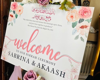 Panneau de bienvenue personnalisé pour la cérémonie de Nikkah | Décoration florale de mariage islamique