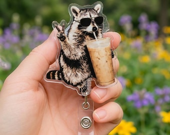 Funny Raccoon Coffee Badge Reel, Trash Panda ID Clip, Nurse Accessory