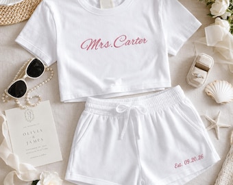 Custom Embroidered Baby Tee and Shorts Set, Personalized Y2K Crop Top Set, Comfort Colors Custom Text Pajamas, Lounge Set Gift For Her