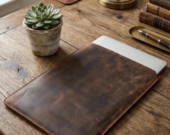 Genuine Cowhide Leather MacBook Pro 13 Inch Sleeve – Slim Laptop Case With Soft Lining Vintage Style Protective Cover Gift For Men And Women