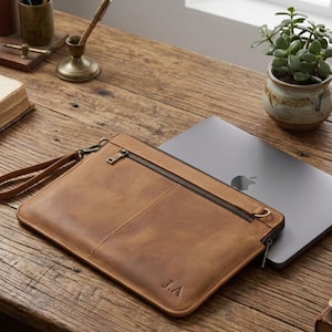Cowhide Leather Laptop Sleeve With Wrist Strap – Zipper Tech Organizer For MacBook Tablet Documents Travel Work Bag Gift For Men Women