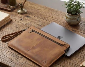 Cowhide Leather Laptop Sleeve With Wrist Strap Zipper Tech Organizer For MacBook Tablet Documents Travel Work Bag Gift For Men Women